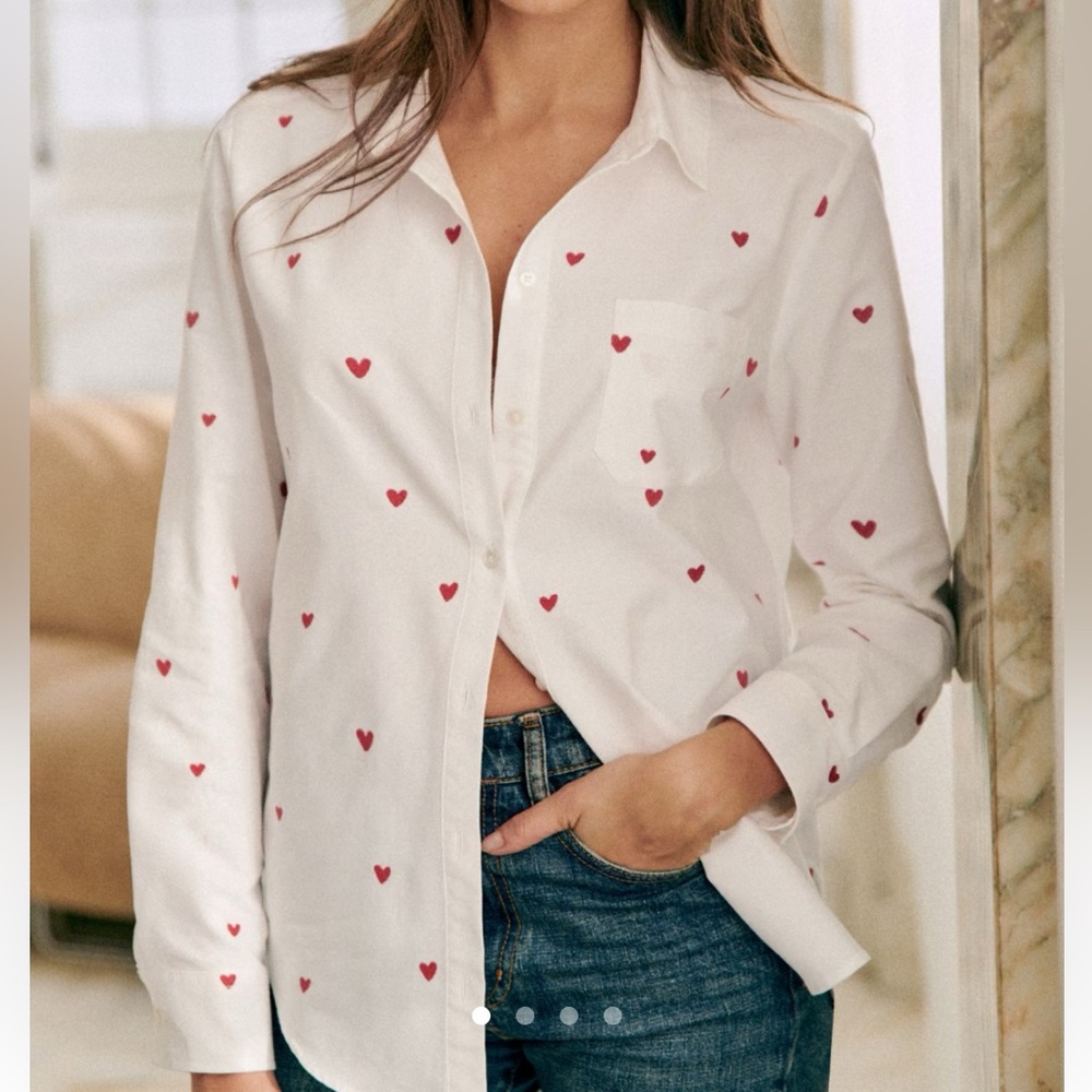 NWT Sezane Embroidered Red Hearts Tomboy Shirt 2 34